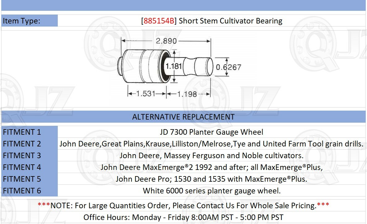 [Qty.8] 885154B Short Stem Cultivator Bearing [0.6267″ Shaft x 1.181″ x 2.89″]