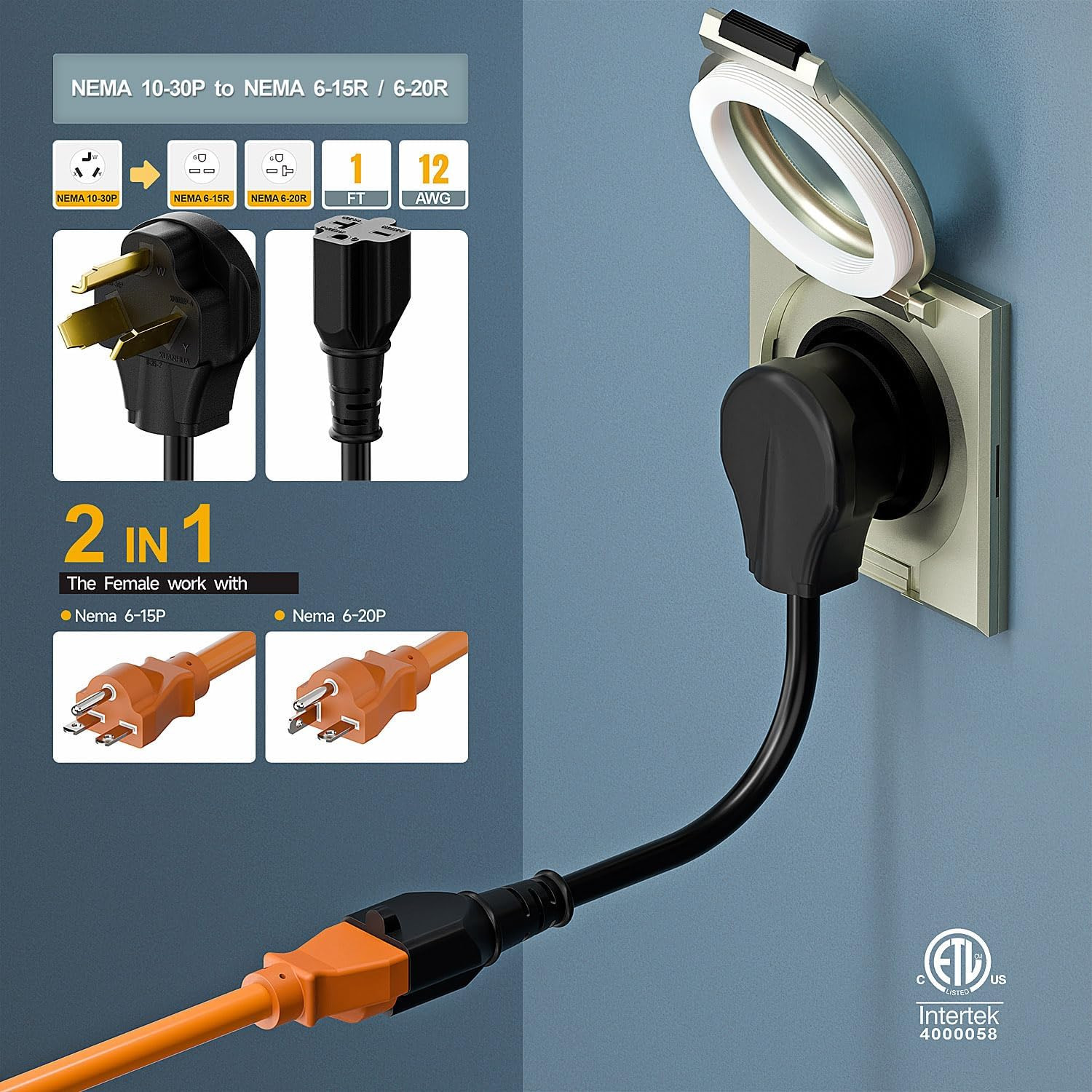 Nema 10-30P to 6-20R Dryer Plug Adapter 30A 125/250V to 20A 250V 12AWG 1FT