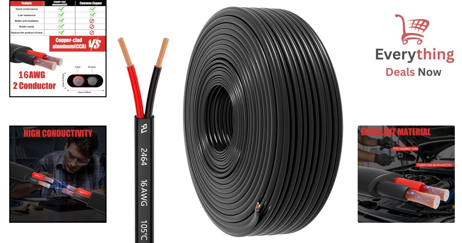 16 Gauge Wire 2 Conductor 30FT Copper-Clad Aluminum for Automotive & Marine
