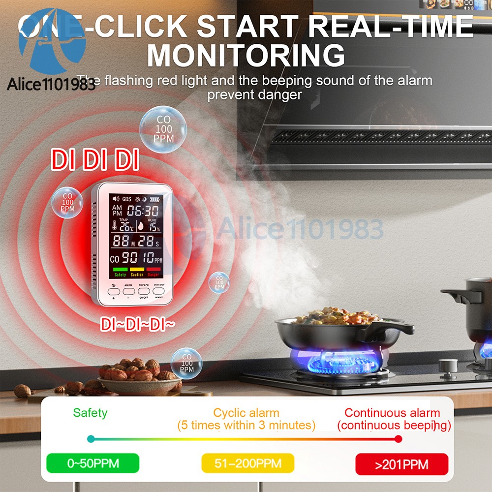 5-in-1 Portable Carbon Monoxide Alarm Temperature Humidity Air quality Tester
