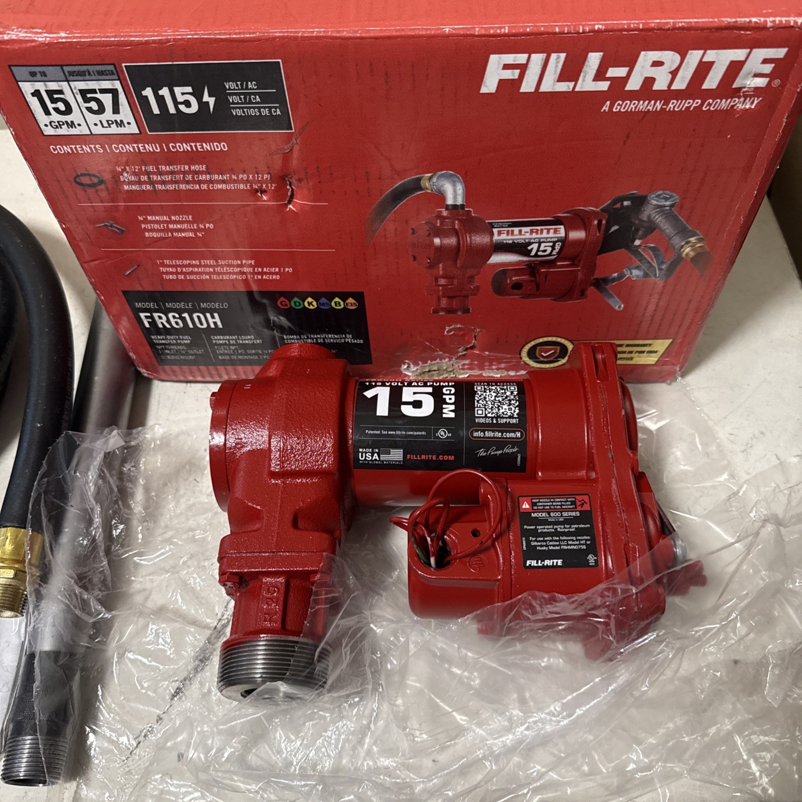 Fill-Rite FR610H 115V 15 GPM Fuel Transfer Pump w/Discharge Hose & Manual Nozzle