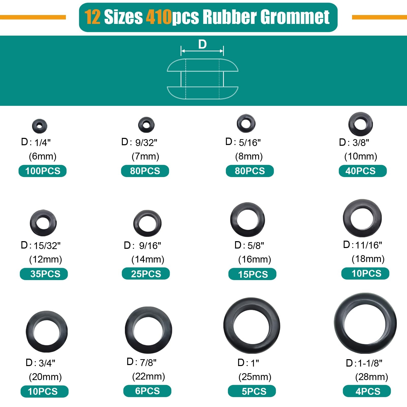 410 PCS Rubber Grommets kit for Wiring, 12 Sizes Hollow Firewall Grommet Hole…