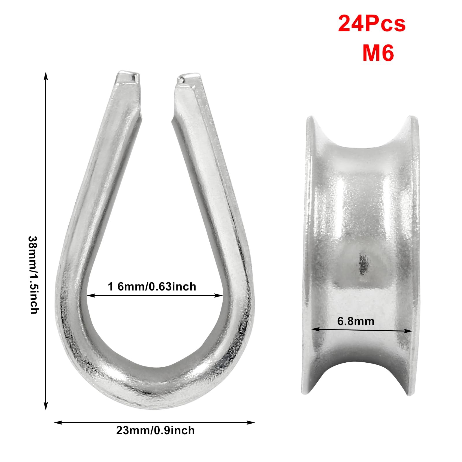 24Pcs M6 Stainless Steel Thimbles, Wire Rope Cable Thimbles Rigging for 1/4 Inch