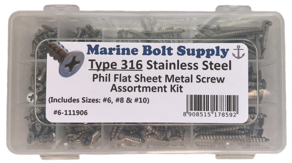 Type 316 Stainless Steel Phillips Drive Flat Sheet Metal Screw Assortment Kit