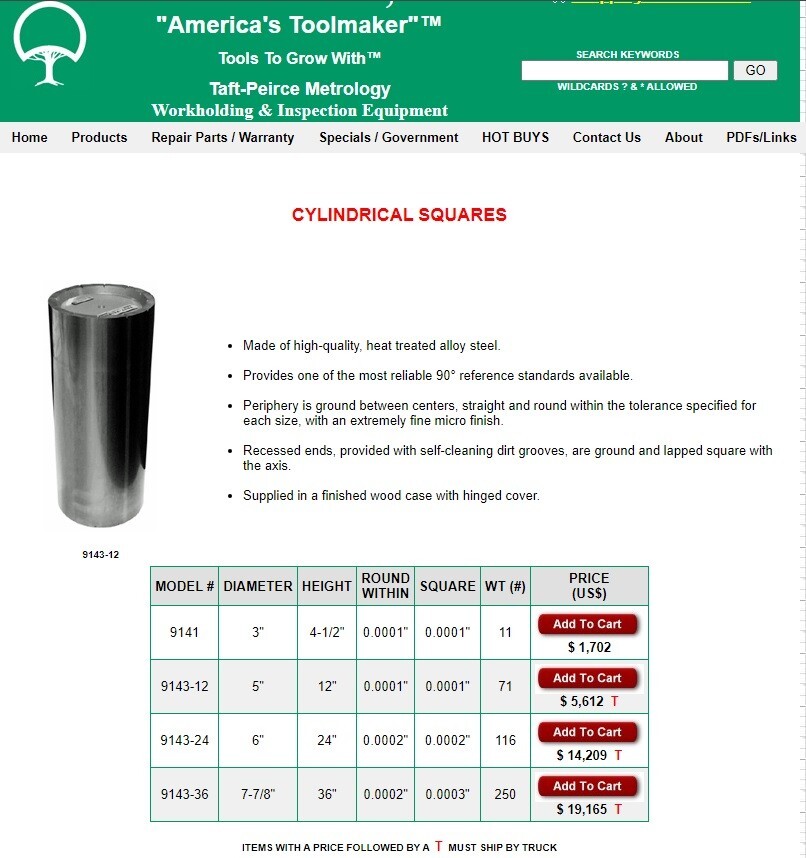 Taft-Peirce Metrology 9143-12 5 x 12″ .0001″ Cylindrical Square in case – PV34