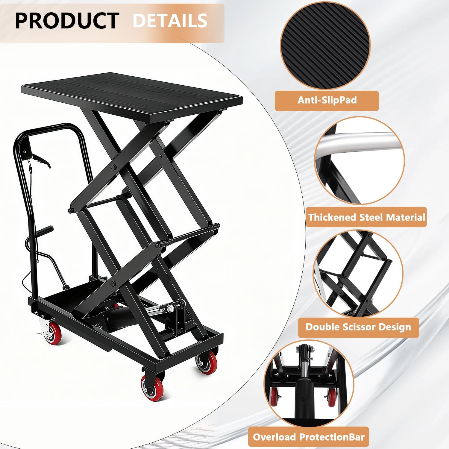 50″ Hydraulic Lift Table Cart 330lbs Wheels Manual Double Scissor Lift Table
