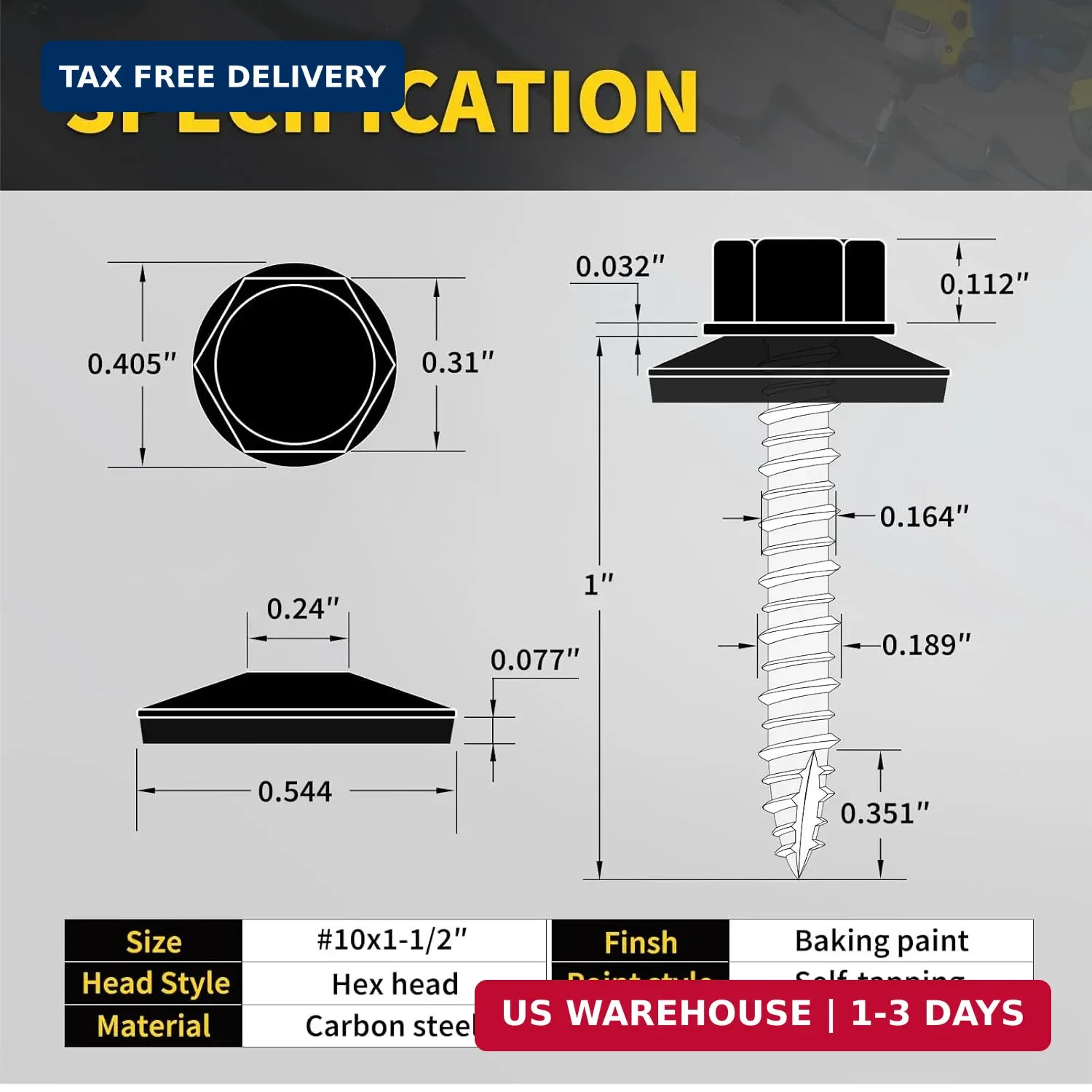Metal Roofing Screws #10 x 1-1/2″, 300 PCS, FIXLINK Baking Paint Hex Head Rubber