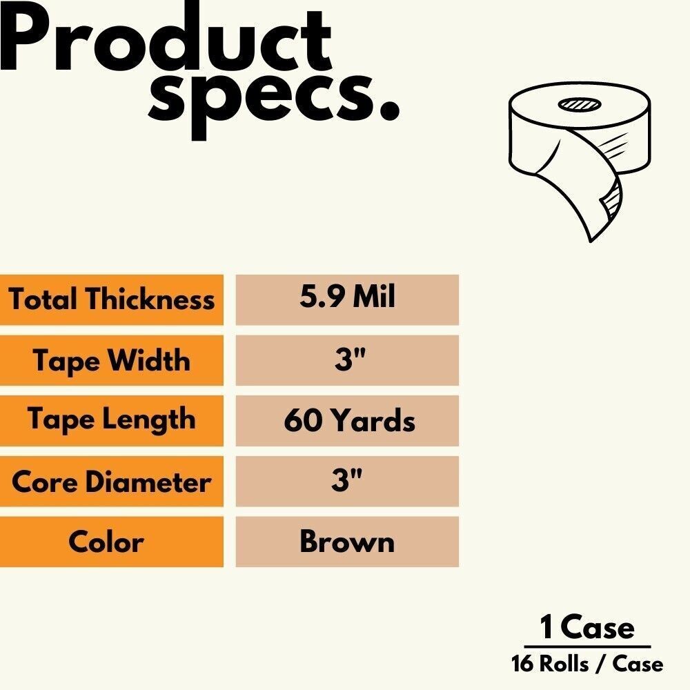 16 Rolls Flat Back Kraft Tan Carton Packing Sealing Tape 3″ x 60 Yards, 5.9 Mil