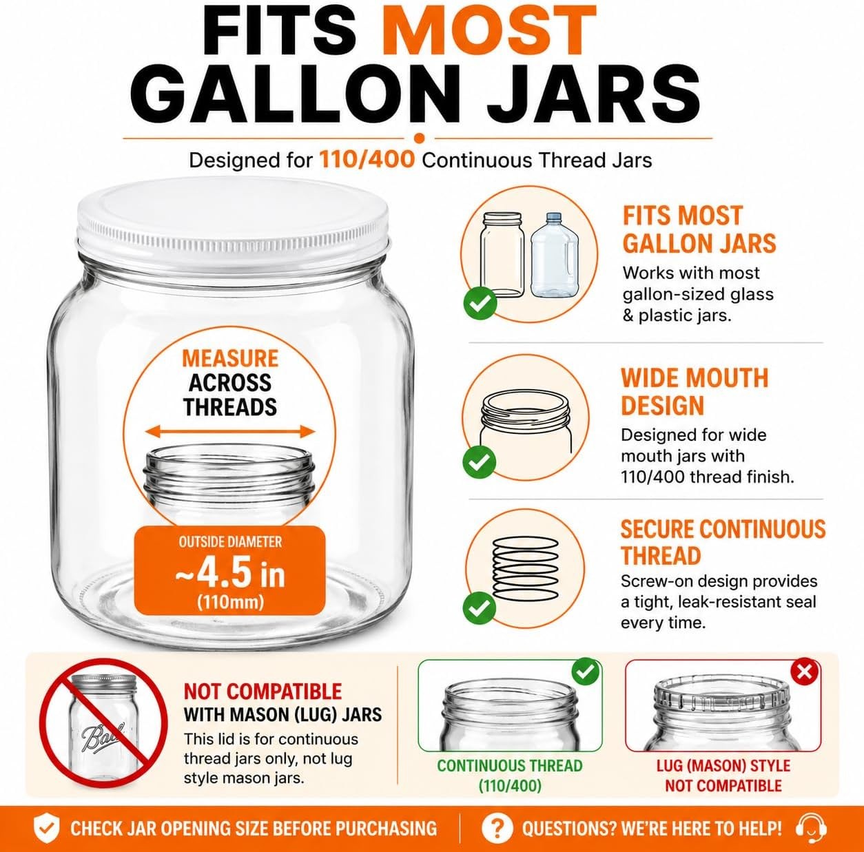 3-Pack White Metal Lids for 1 Gallon & 1/2 Gallon Wide Mouth Glass Jars – 110mm