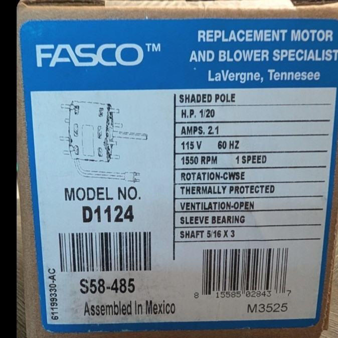 Fasco D1124 3.3-Inch 115 Volts 1550 RPM Shaded Pole Motor – NEW