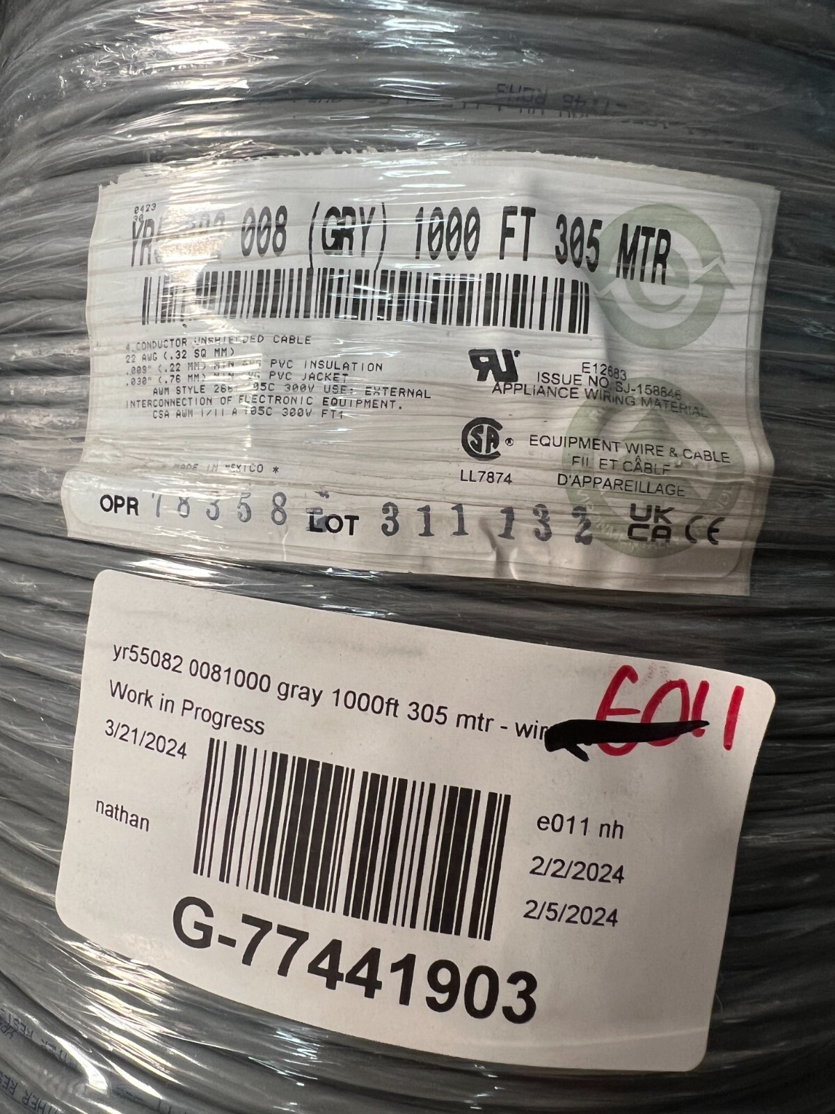 Wire Conductor Unshielded Cable 22 AWG YR55082 008 Gray 1000FT 305 MTR 4