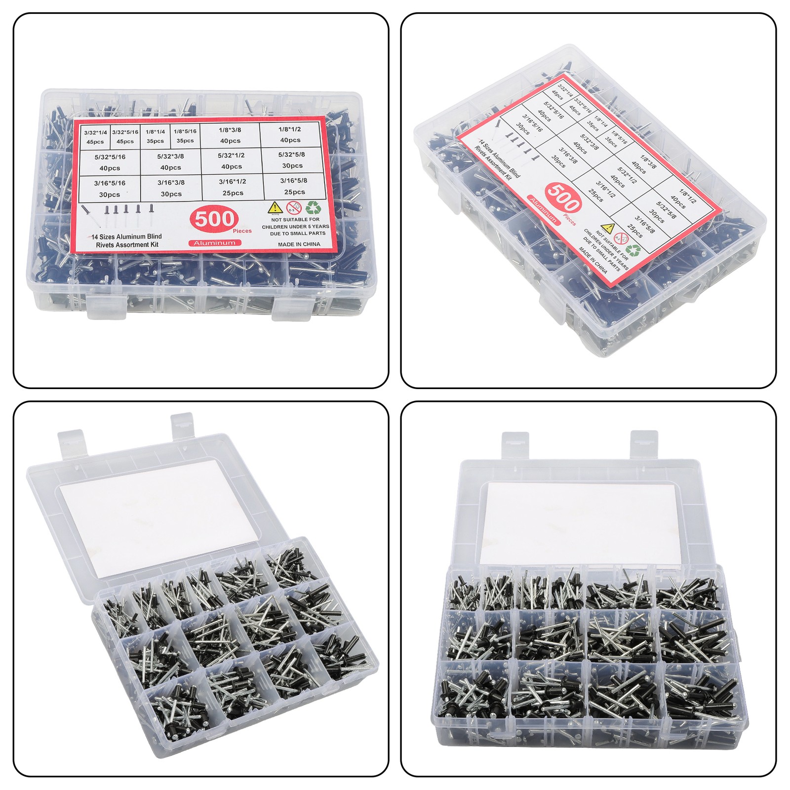 500 sets of rivet kits 3/32″ 1/8″ 5/32″ 3/16″ With 14 Standard Sizes W/ a Box