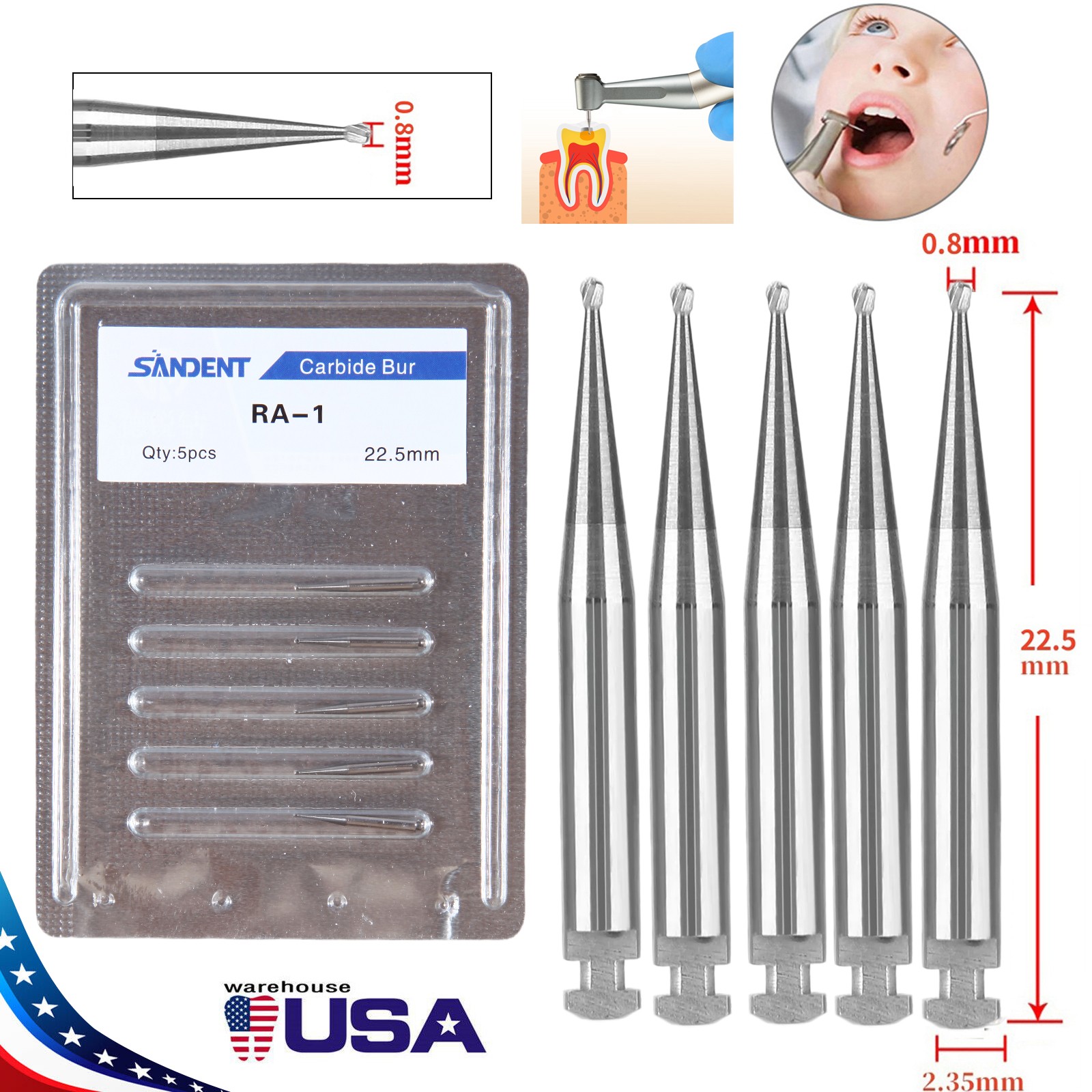 8 Types Dental Round Carbide Bur for Slow Speed Latch Type RA 1# – 8# Burs to