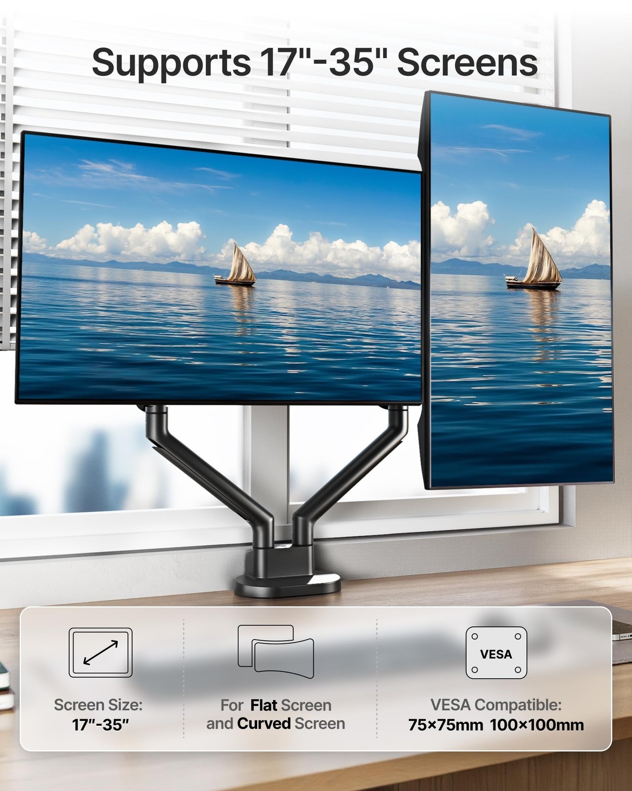 monTEK Aluminum Dual Monitor Arm for 17-35″ Screens, 24.3 lbs Each, Black | M…