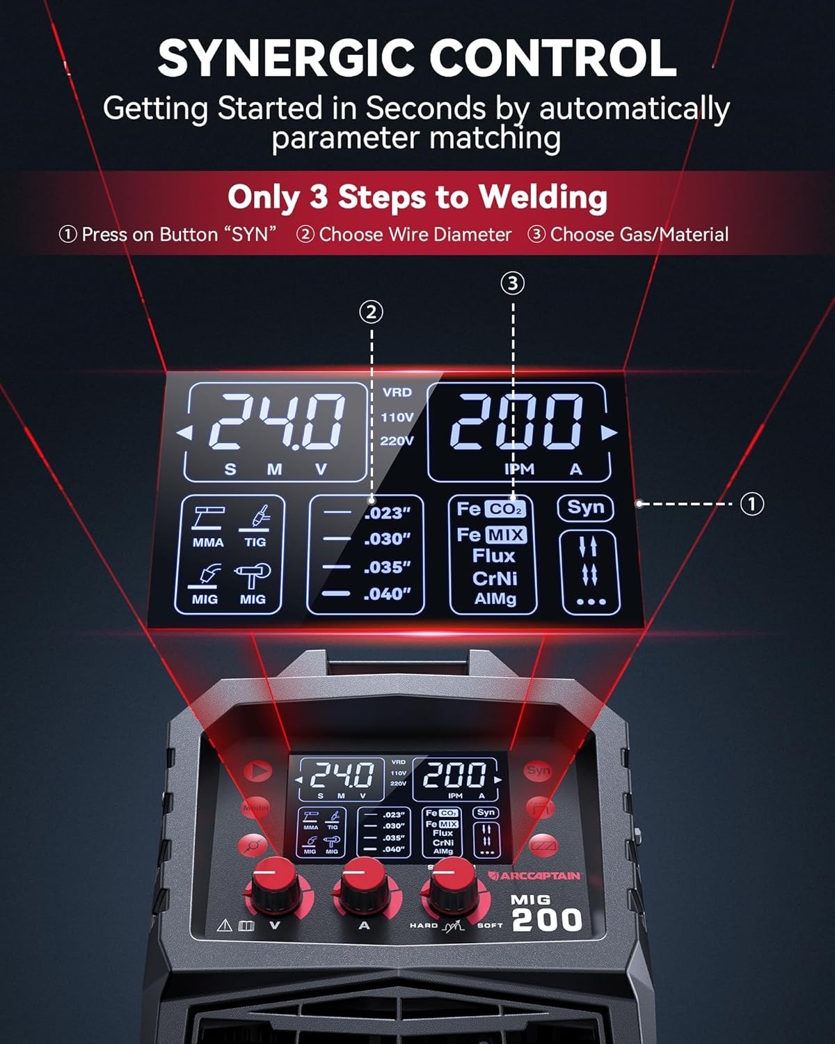 ARCCAPTAIN MIG Welder 200Amp 6 in 1 Gas MIG/Gasless Flux Core MIG/Stick/Lift TIG