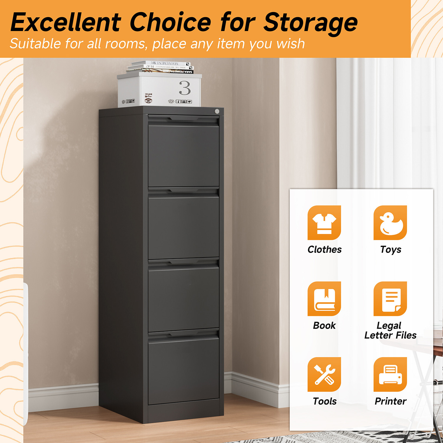 4 Drawer File Cabinet with Lock Metal Vertical Filing Cabinet for Home Office