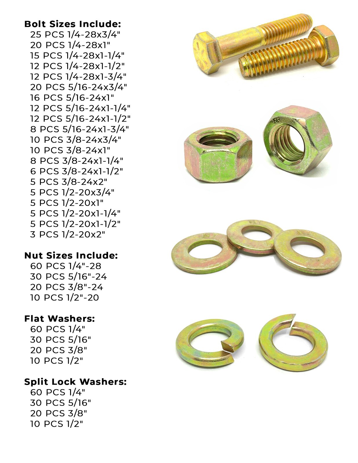 Grade 8 Hex Cap Screws Nuts Washers Fine Thread Zinc Yellow Assortment – 575PCS