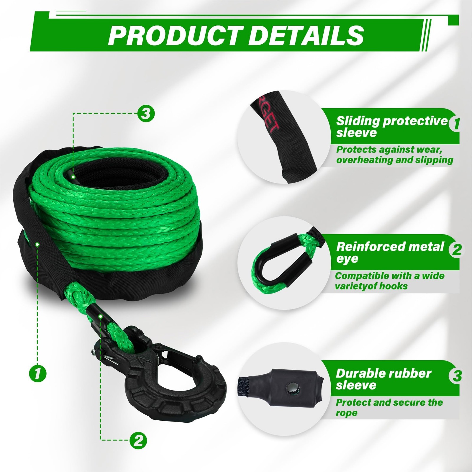 TYT Synthetic Winch Rope 3/8″ X 92′ with Hook, 27000LBS Synthentic Winch Cabl…