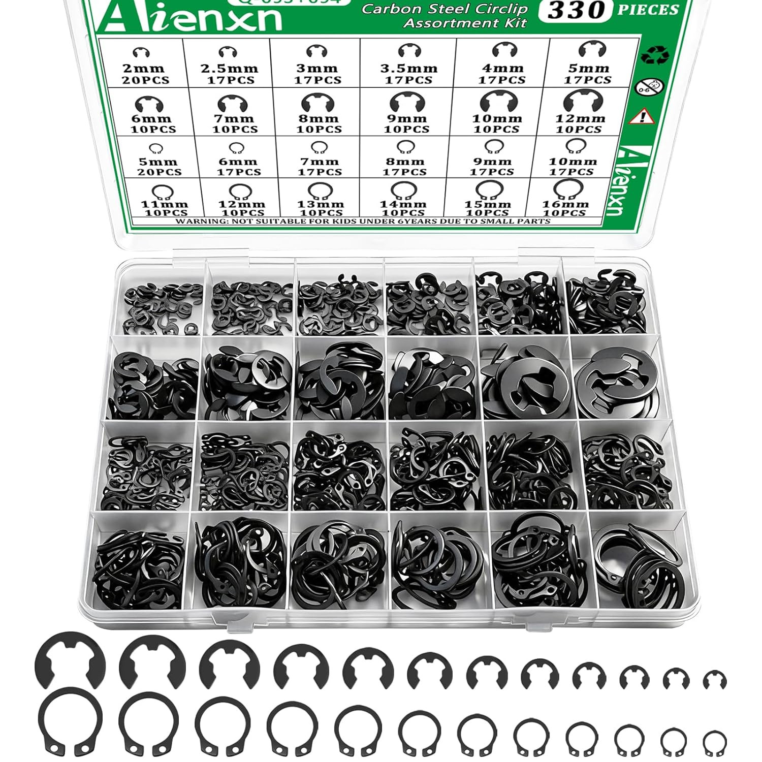 330Pcs Snap Rings Assortment Kit External Retaining C Clips E-Clip Circlip Set