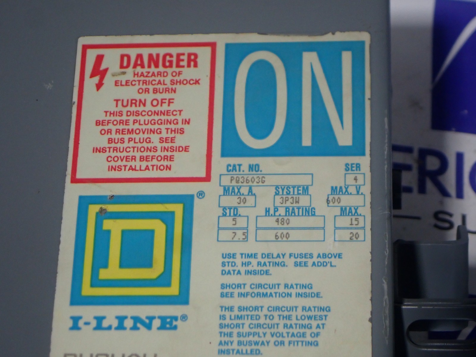 Square D PQ3603G Fusible I-Line Bus plug 30 amp 3 Pole 3W 3PH 600V BP225