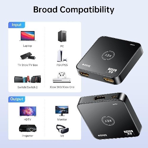 HDMI Switch 4K 60Hz Bi Directional 2 Input 1 Output No External Power PS5 PS4