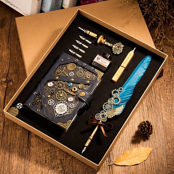 Handmade Steampunk Notebook Leather Journal with customized bookmark and stamp