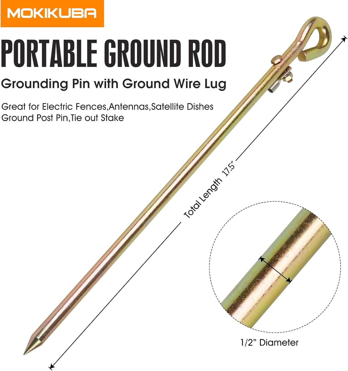 – Portable Ground Rod – Grounding Pin with Ground Wire Lug | Great for Electr