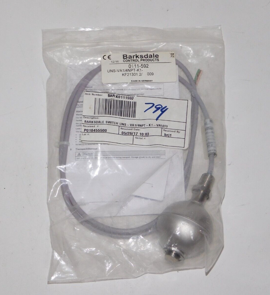 New Barksdale Controls 0111-592 Liquid Level Switch UNS-VA1/4NPT-K1-KF21301.2