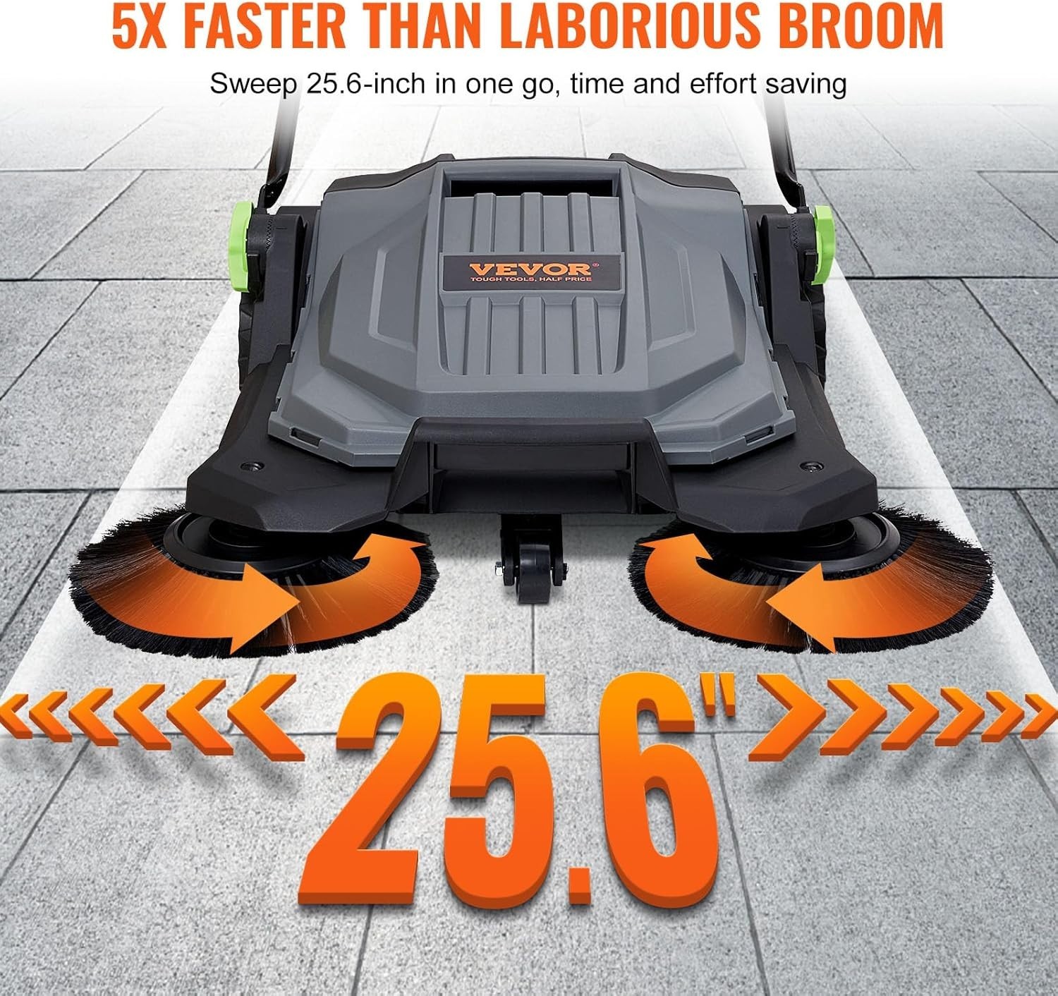 25.6″ Walk-Behind Hand Push Floor Sweeper with Large 5-Gallon Waste Container