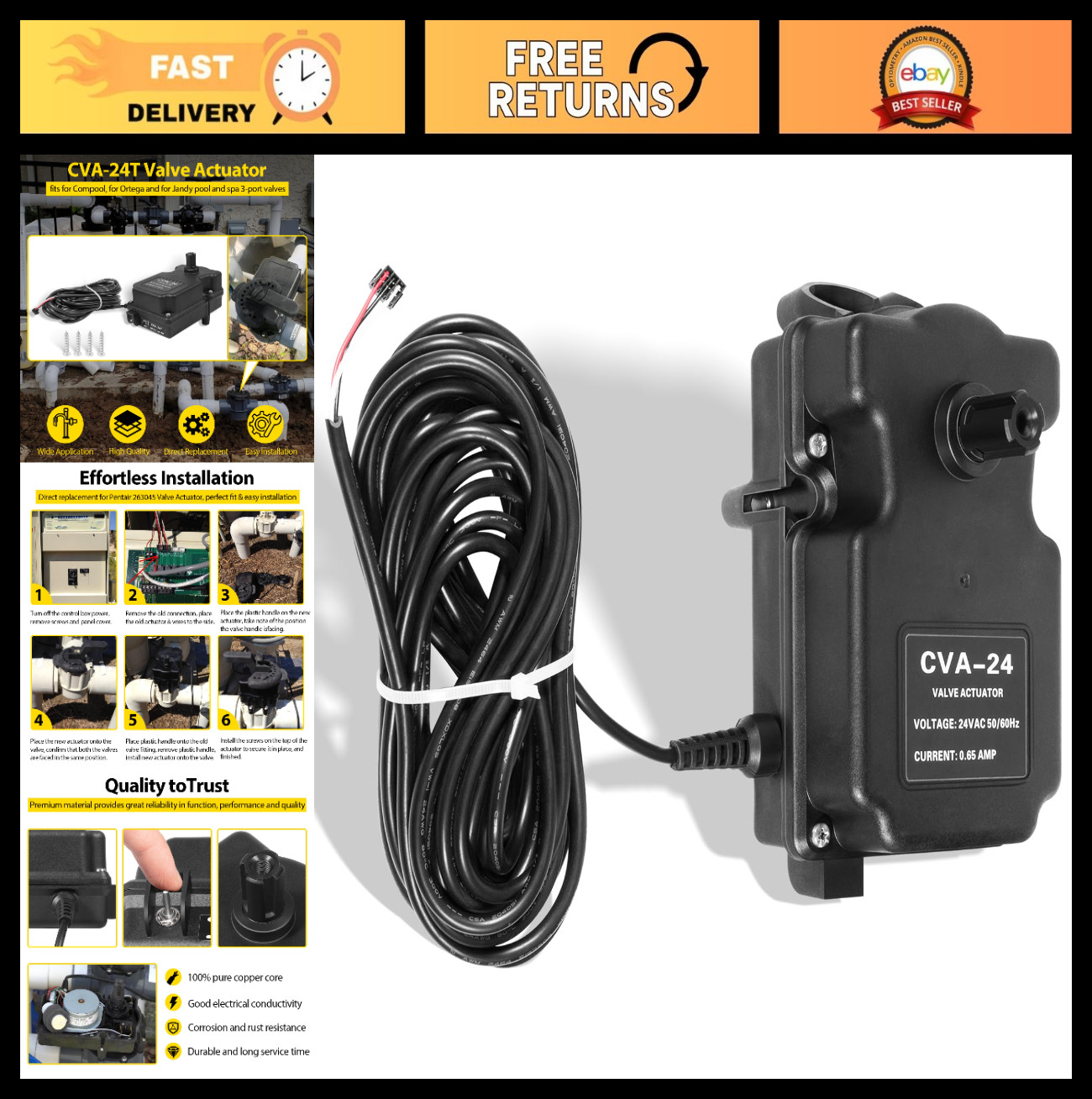 3-Port Valve Actuator 24VAC Compatible, 180° Rotation, 3-Wire, 25ft Cable