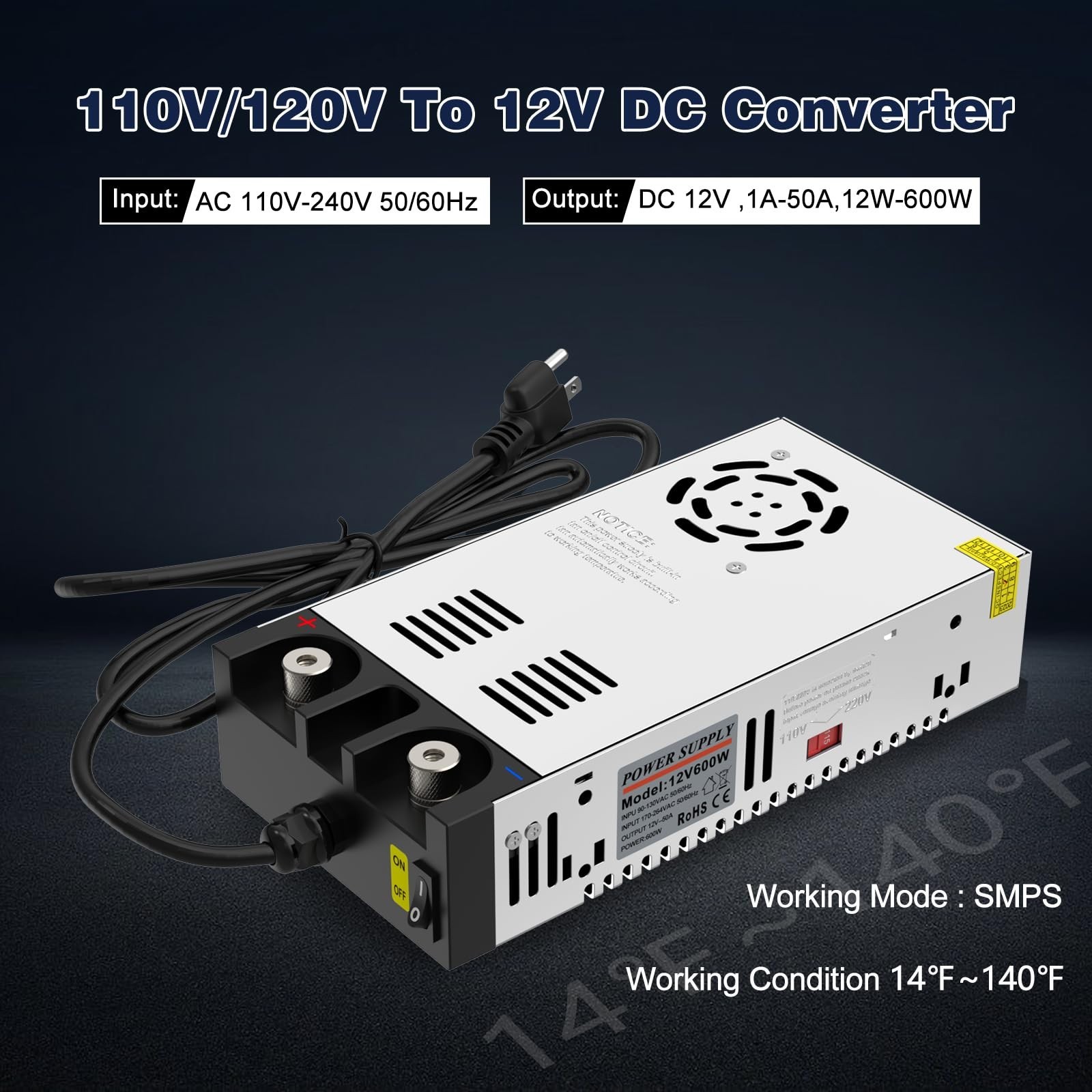 12V AC to DC Power Supply Converter, 600W 50A SMPS, 110V to 12V Adapter, Power S