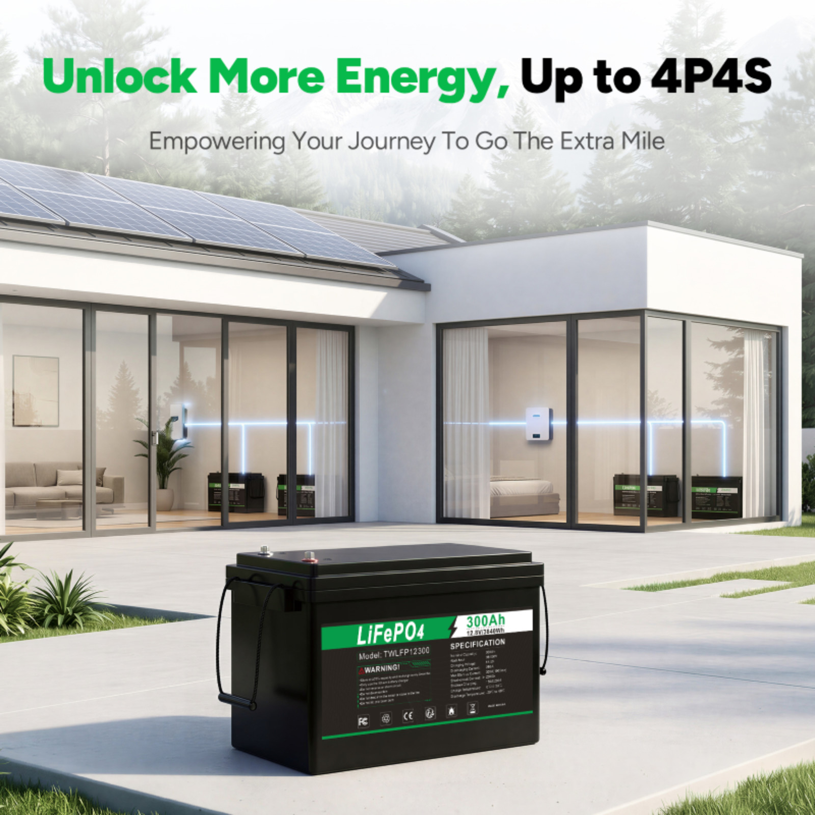 12V 300Ah LiFePO4 Lithium Battery Deep Cycle Built-in BMS for Solar RV Off-Grid