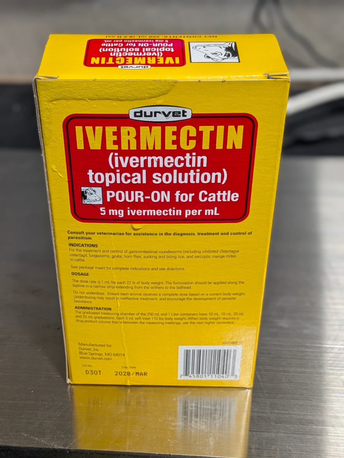 250ml Durvet POUR-ON CATTLE COW DEWORMER For roundworms lungworms grubs lice