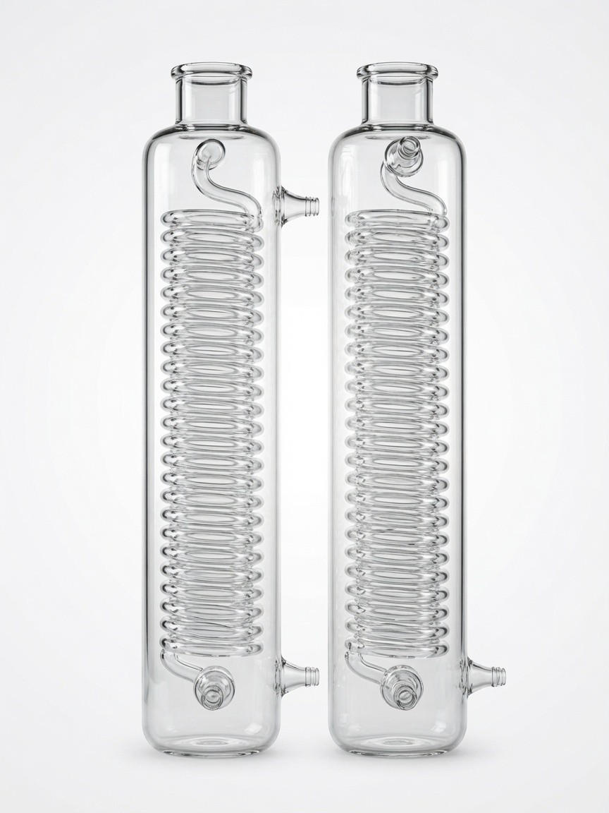 Lot of 2 Glass Coil Condensers with Hose Barbs for Chemical & Physical Lab