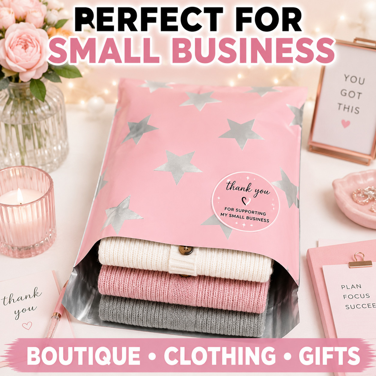 Silver Stars Pink Poly Mailers 10×13 Designer Shipping Bags Cute