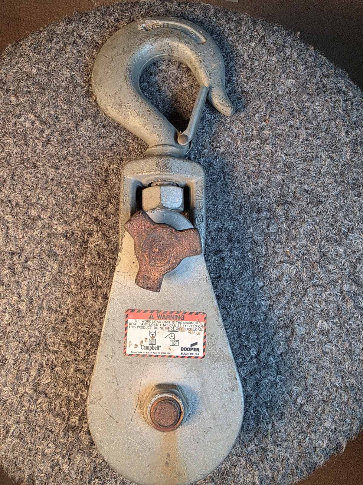 Campbell Cooper 4099V 4 Ton Snatch Block Swivel Hook 1/2″ Wire Rope Made USA