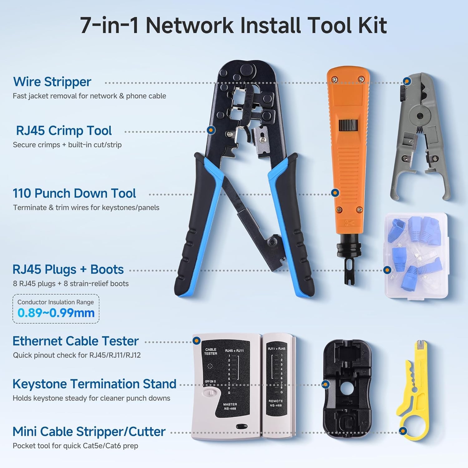 7-in-1 Network Tool Kit with RJ45 Ethernet Crimping Tool, Punch Down Device, Pun