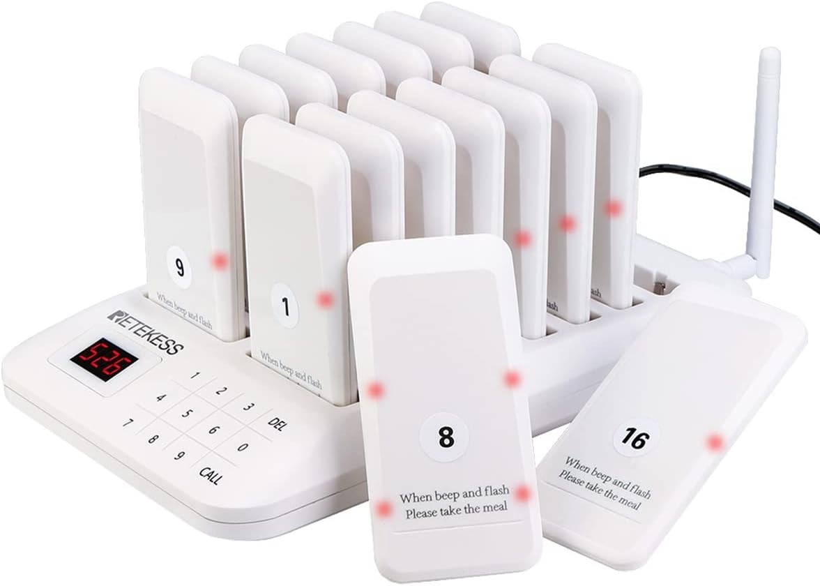 Long Range 984ft TD157 Restaurant Pager System – 16 Pagers, Adjustable Reminder