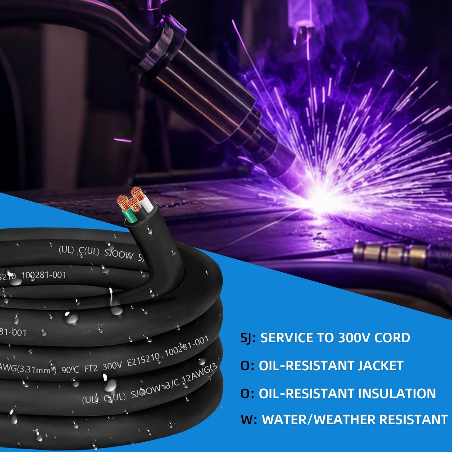 12/3 Wire 12 AWG SJOOW Portable Power Cable,300V 12 Gauge 3 Conductor SJOOW Exte