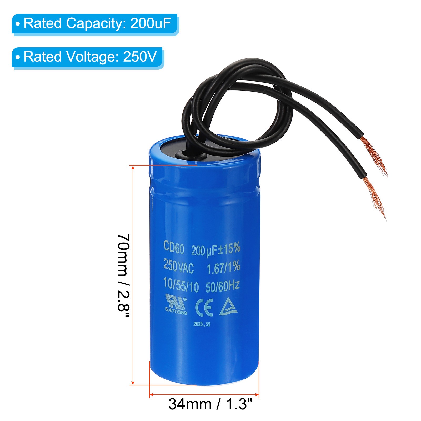 Motor Start Capacitor 200uF 250VAC 2 Wires 50/60Hz for ELECTRIC MOTOR RUNNING