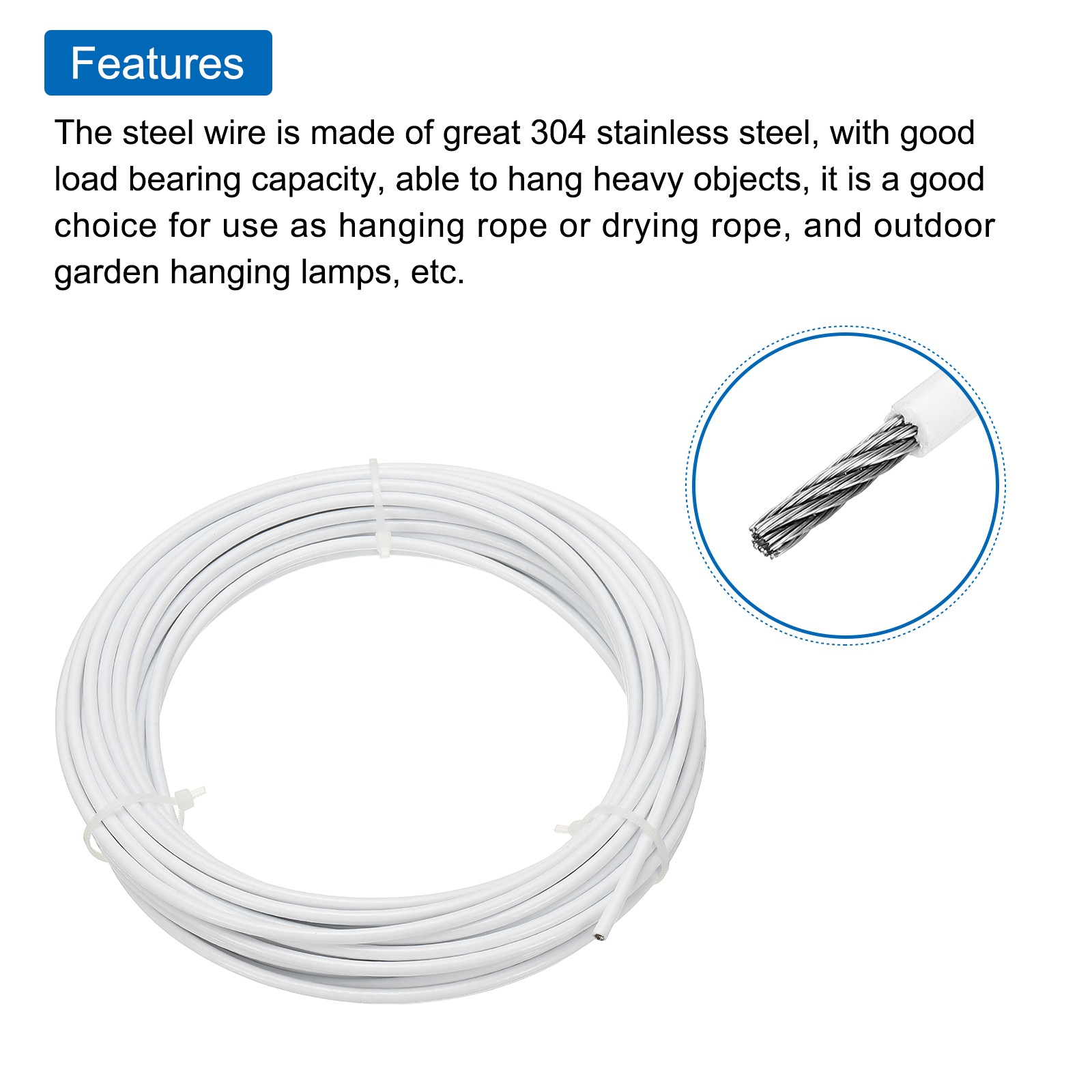 33Ft(10M) Wire Rope Stainless Steel Cable 1/8″ 4pcs Sleeves & Thimble, White