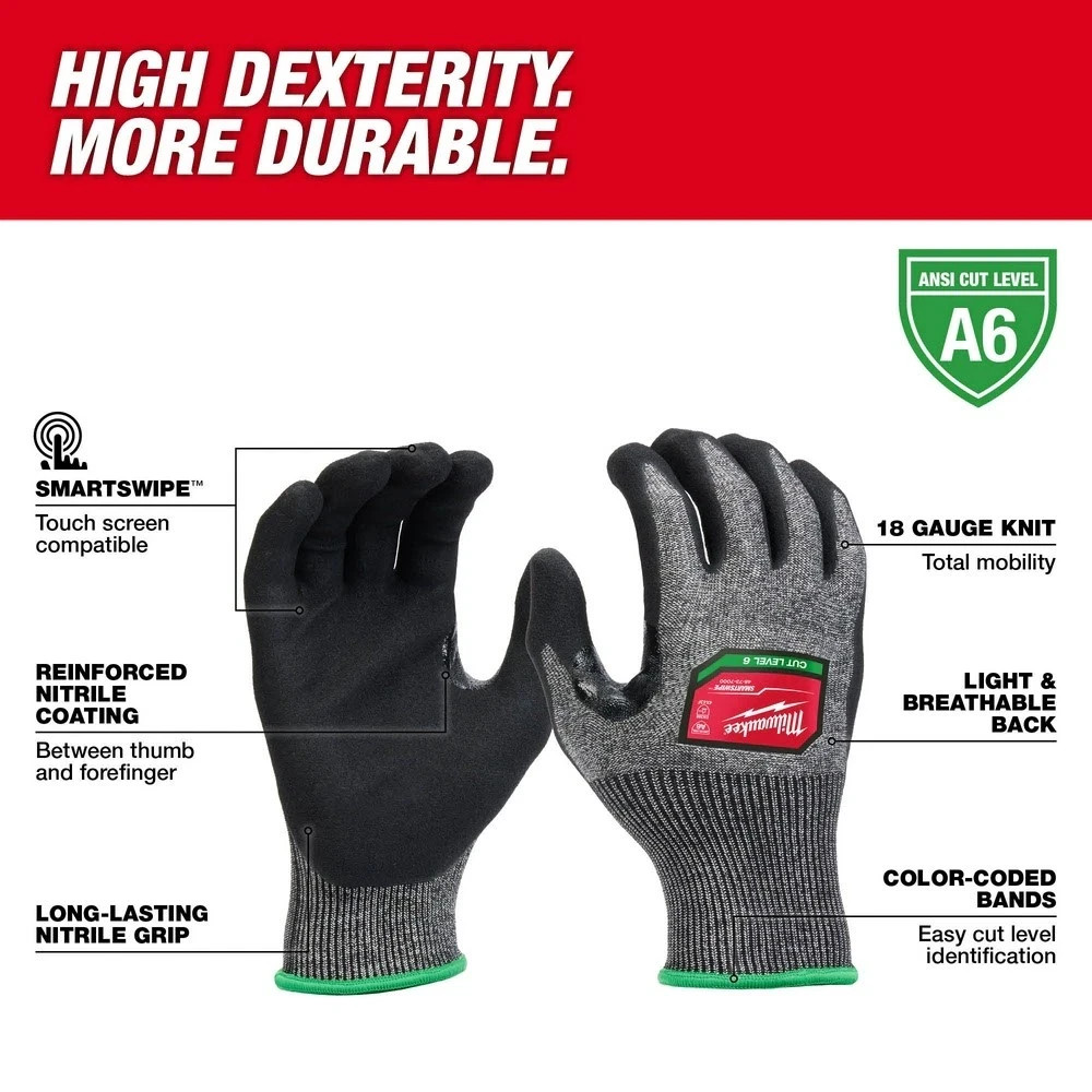 Milwaukee 48-73-7002B 12 Pair Cut Level 6 Hi-Dexterity Nitrile Dipped Gloves – L