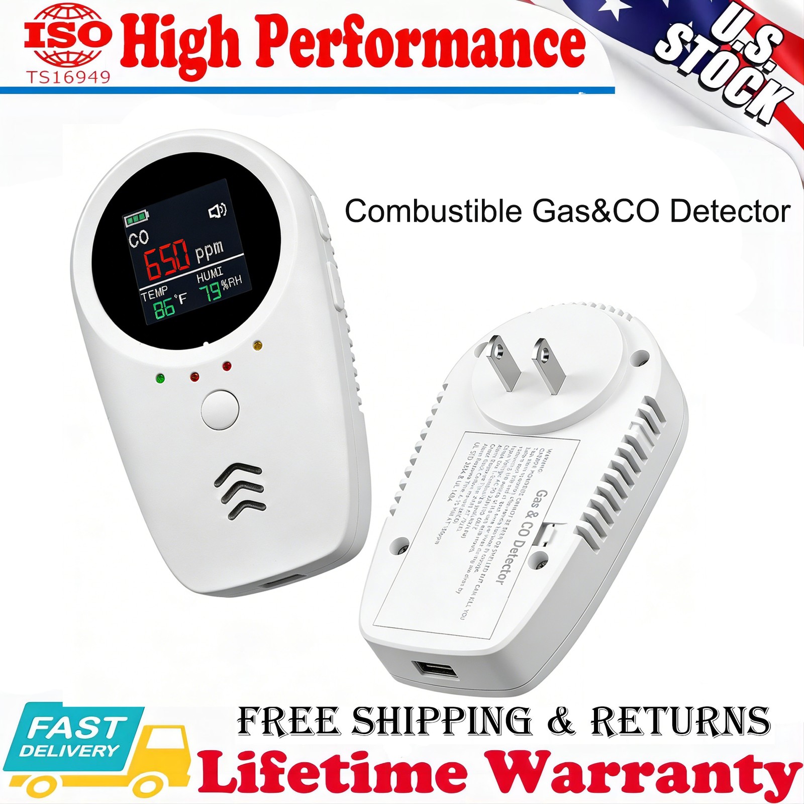 5-in-1 Carbon Monoxide and Natural Gas Detector, CO and Combustible Gas, Temp…