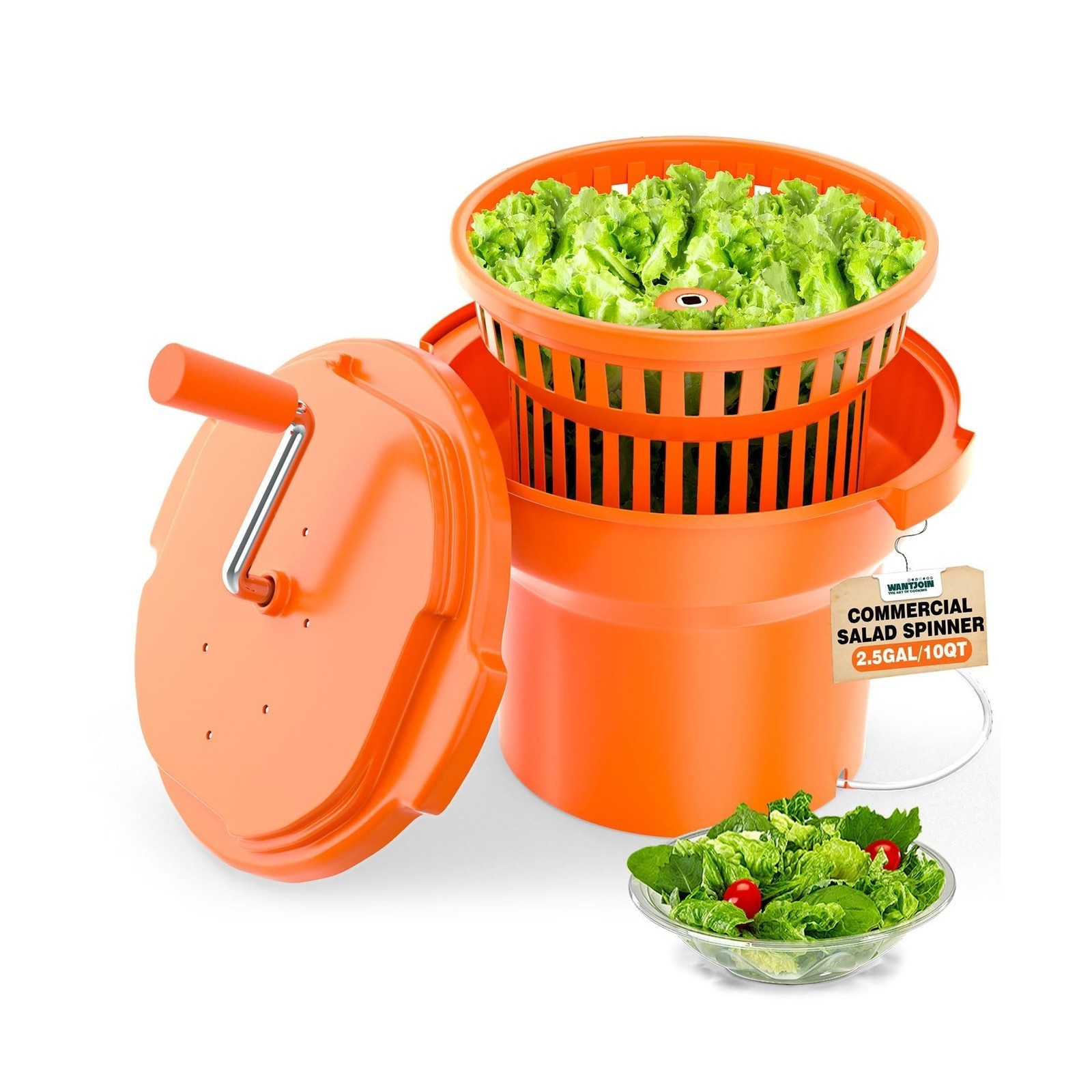 Salad Spinner, 2.5Gal Dryer w/ Alum Handle & Drain, 10Qt, for 3 Heads