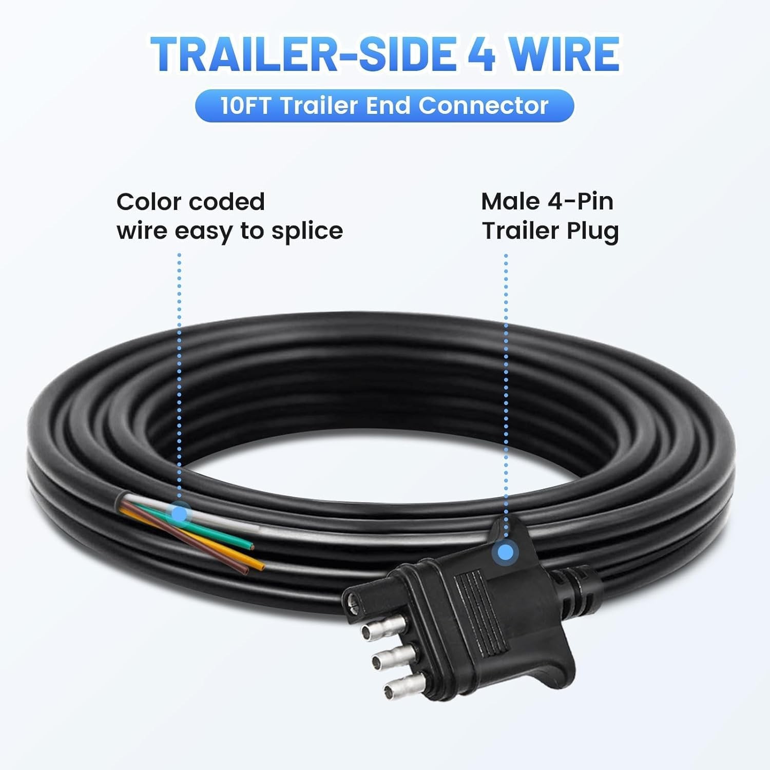 10 Feet Jacketed Cable, Heavy Duty 18AWG 4 Pin Trailer Light Plug Color-Coded Pu