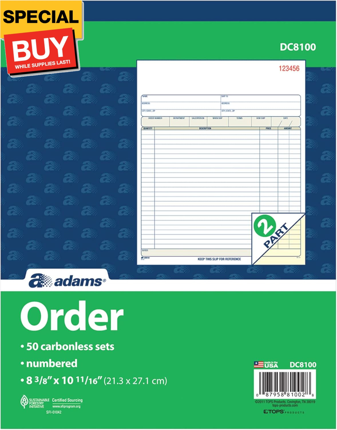 Order Book, 2-Part, Carbonless, White/Canary, 8-3/8 x 10-11/16 Inches, 50 Sets p