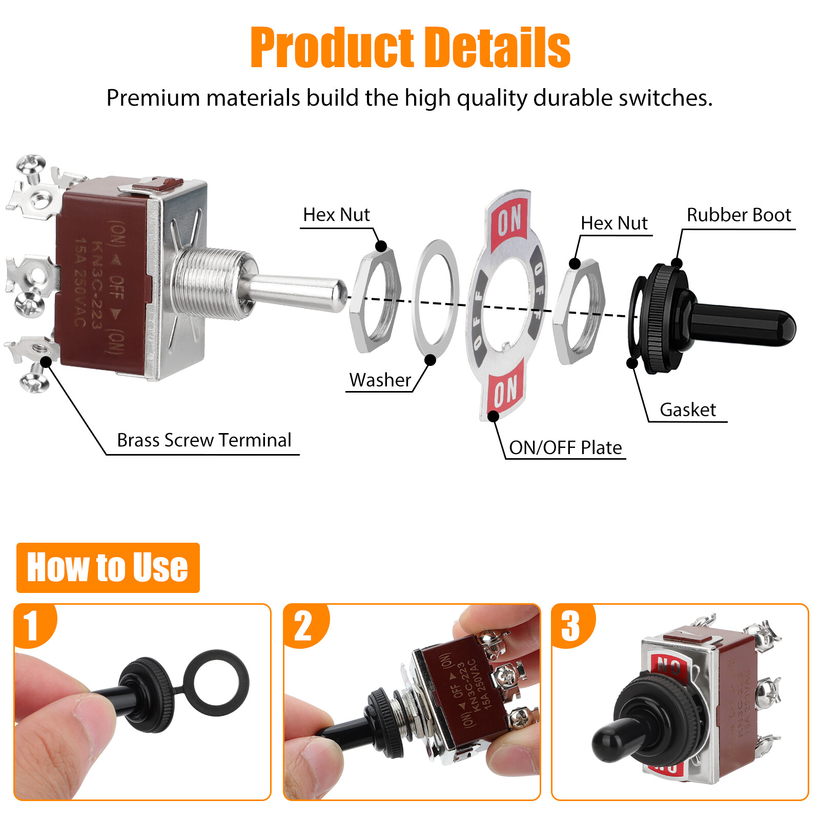 3X Toggle Switch ON/OFF/ON Heavy Duty 15A 250V DPDT Terminal Car Waterproof Cap