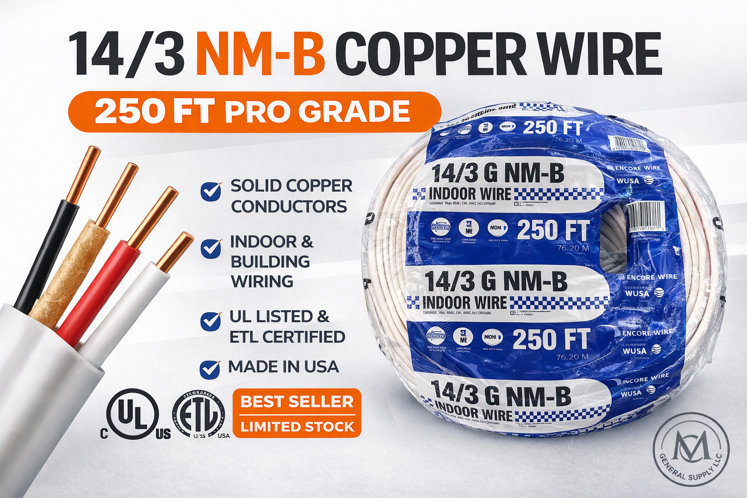 14/3 copper wire 250ft roll, different brands and colors for electricians