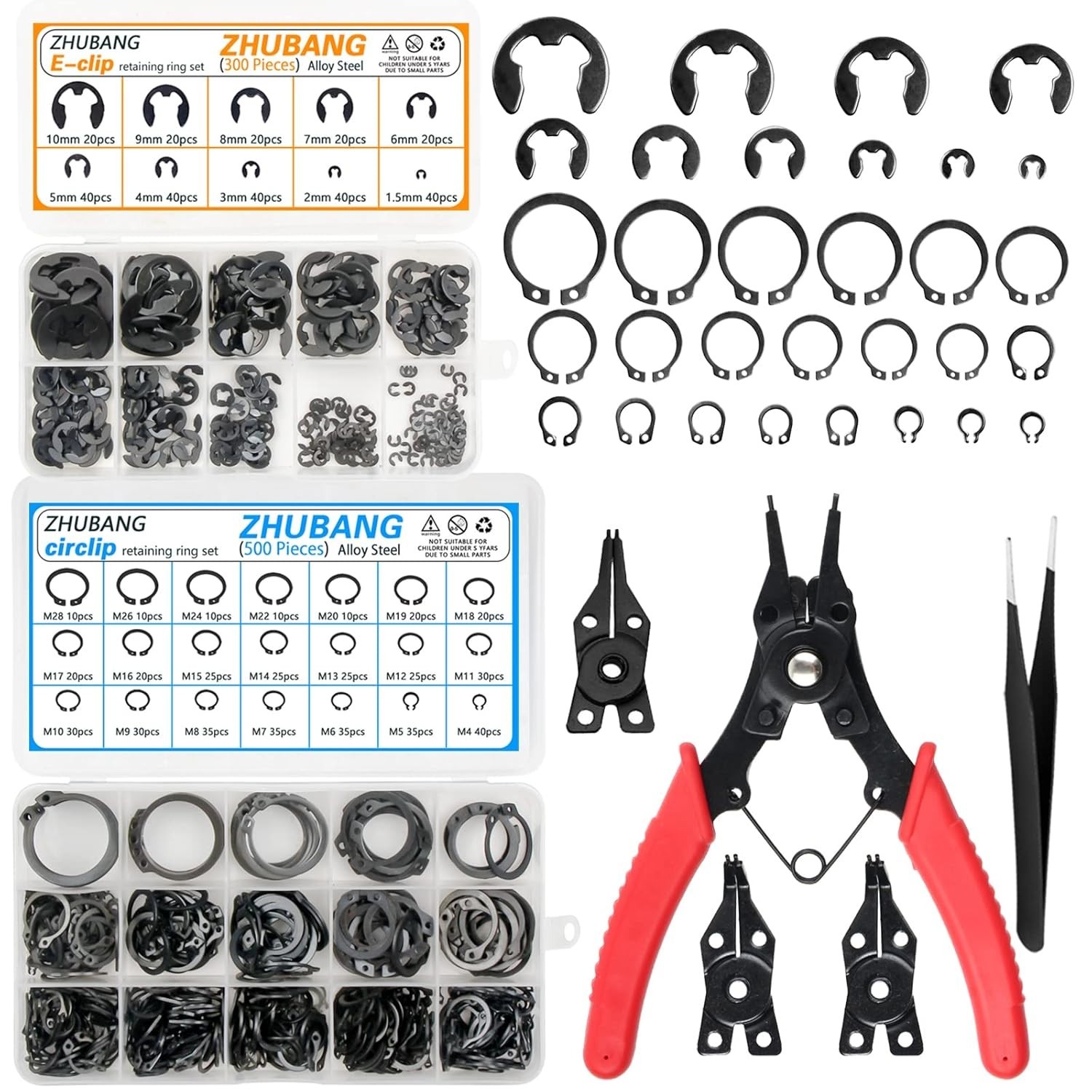 800Pcs C-Clip & E-Clip Assortment Kit with Snap Ring Plier & Tweezers – M4-M28,