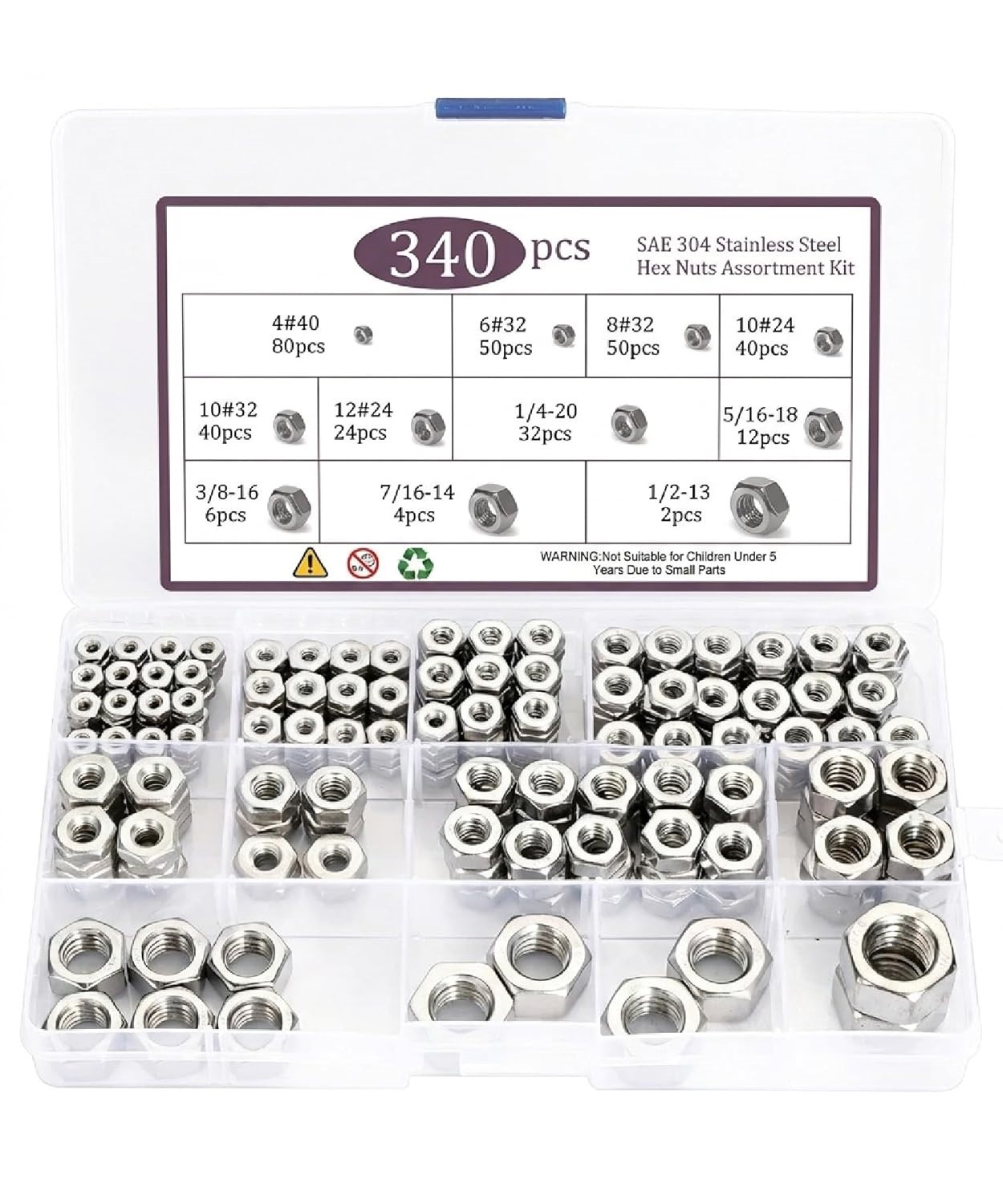 340Pcs SAE Hex Nuts Assortment Kit Stainless Steel Hardware Nuts 11 Sizes